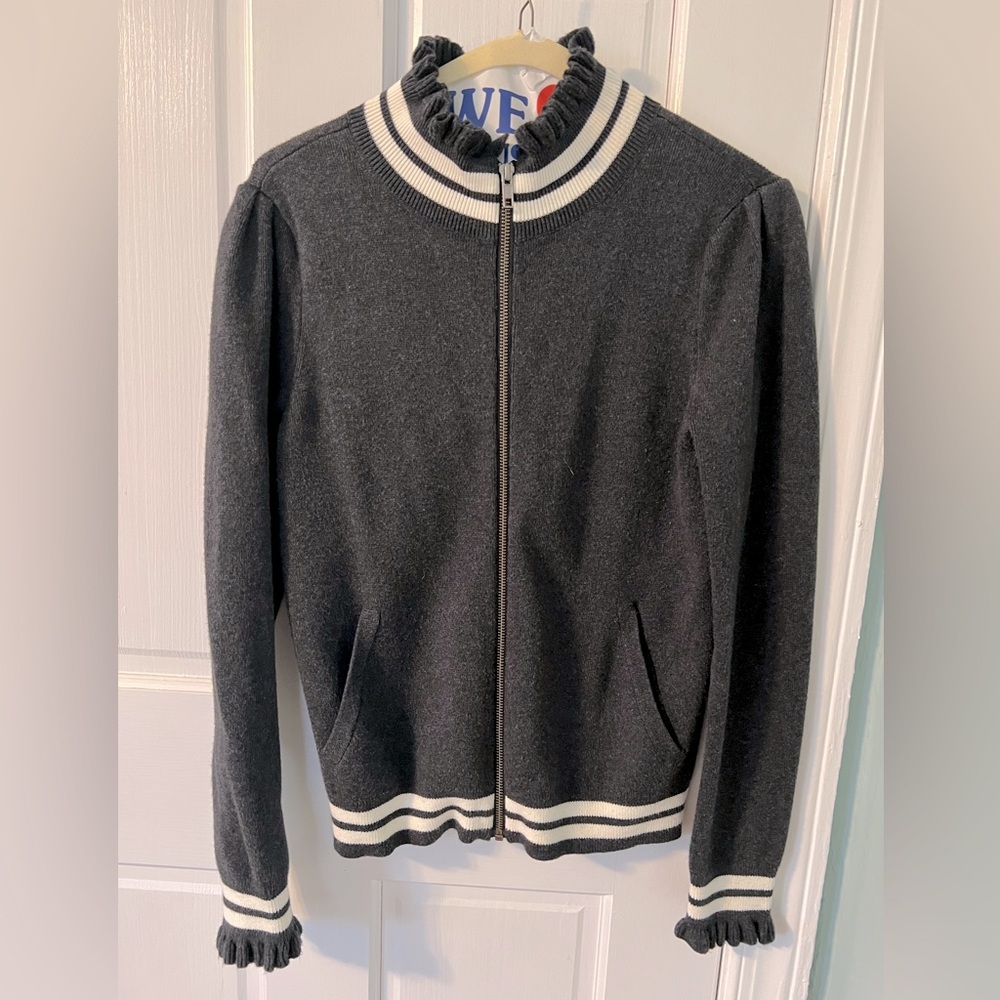 Super cute charcoal athletic jacket with ruffle collar and sleeves